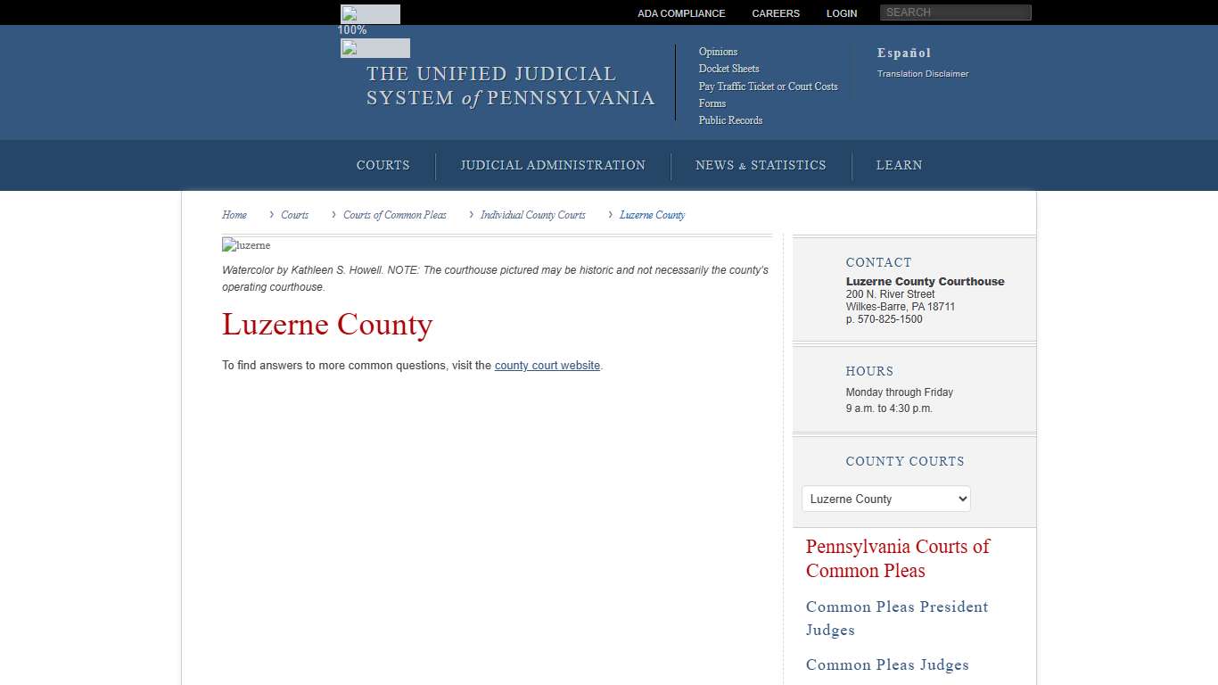 Luzerne County Individual County Courts Courts of Common Pleas Courts Unified Judicial System of Pennsylvania