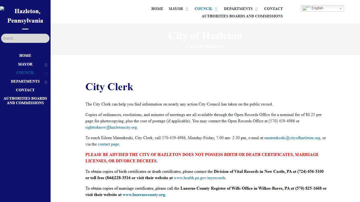 City Clerk - Official Website of the City of Hazleton, Pennsylvania