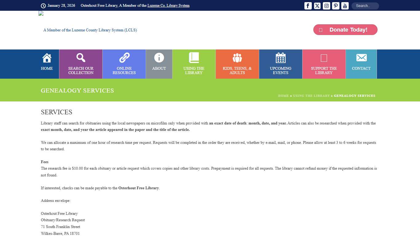 Genealogy Services – Osterhout Free Library